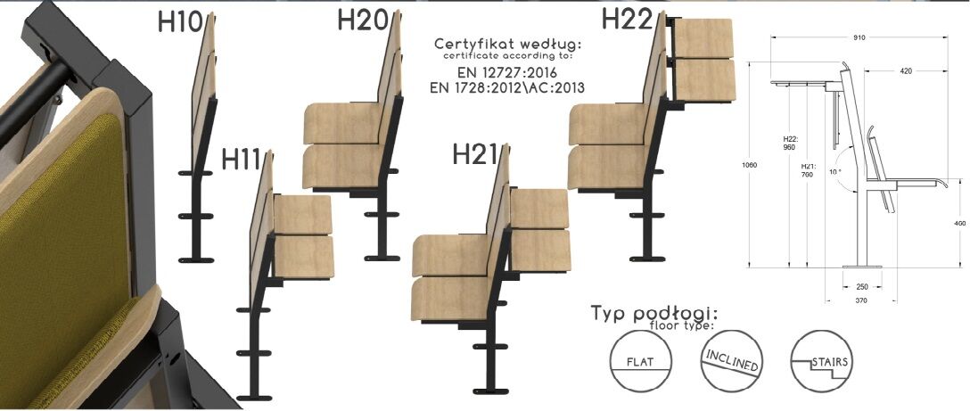 Panel informacyjny o drewnianym krześle do poczekalni H10 H11 H20 H21 H22 schemat szkicowy, obrazkowy i wymiary