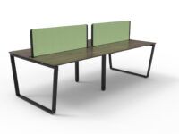 Czarne metalowe trapezowe nogi do długiego stołu z ciemnym blatem i jasno zielonymi ściankami B100 B-Group