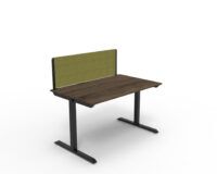 Czarne metalowe proste nogi do stołu z ciemnym drewnianym blatem i zieloną ścianką B30 B-Group