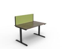 Czarne metalowe proste nogi do stołu z ciemnym drewnianym blatem i zieloną ścianką B30 B-Group