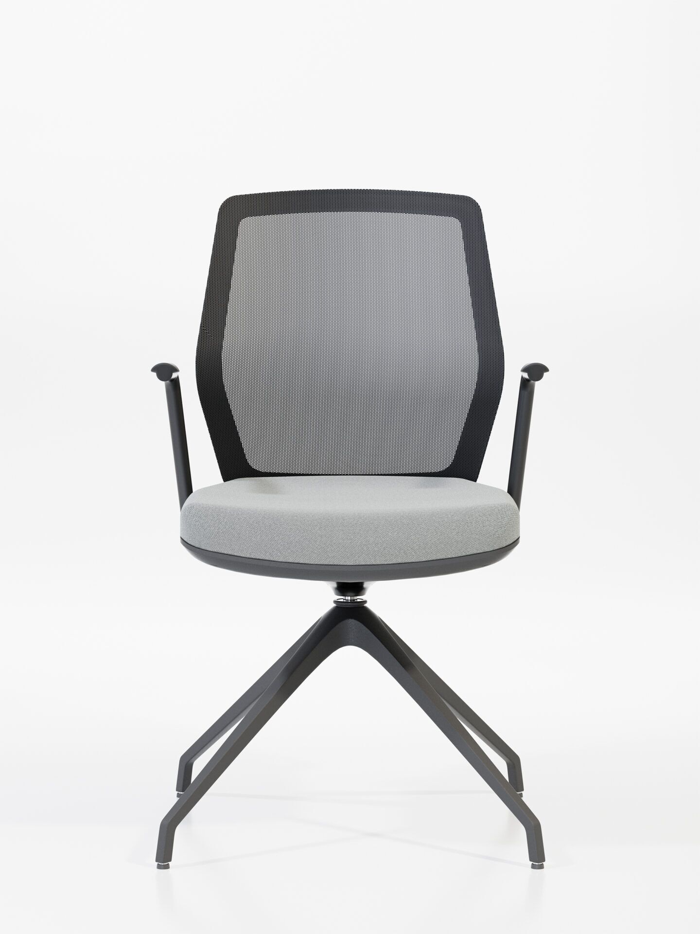 Krzesło biurowe z szarym siedziskiem, siatką na oparciu i czarną nogą START od przodu B-Group