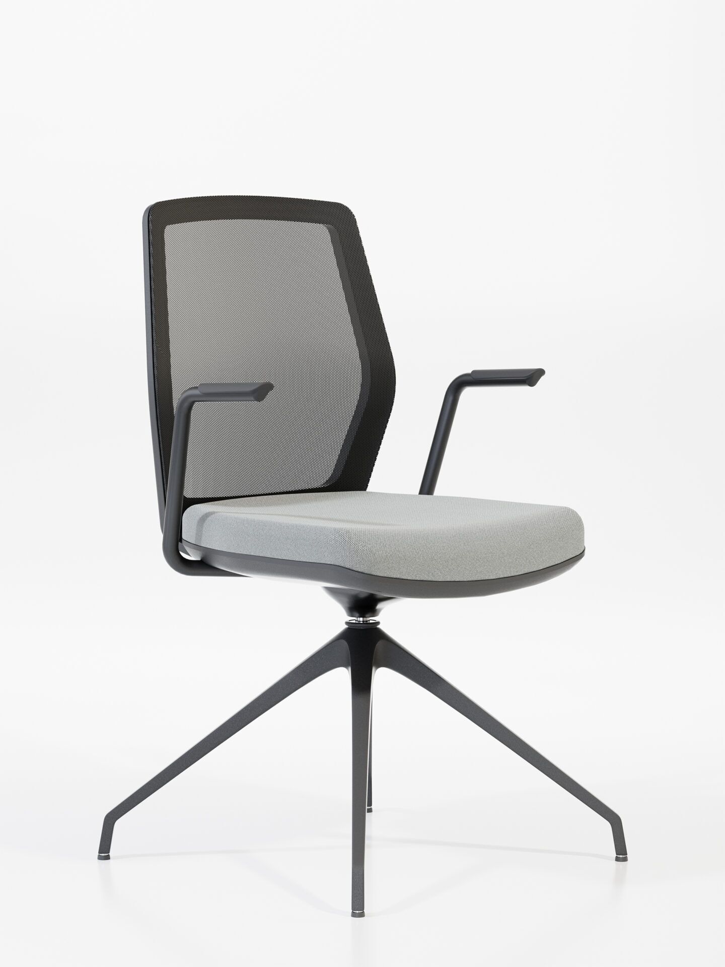 Krzesło biurowe z szarym siedziskiem, siatką na oparciu i czarną nogą START po skosie od przodu B-Group
