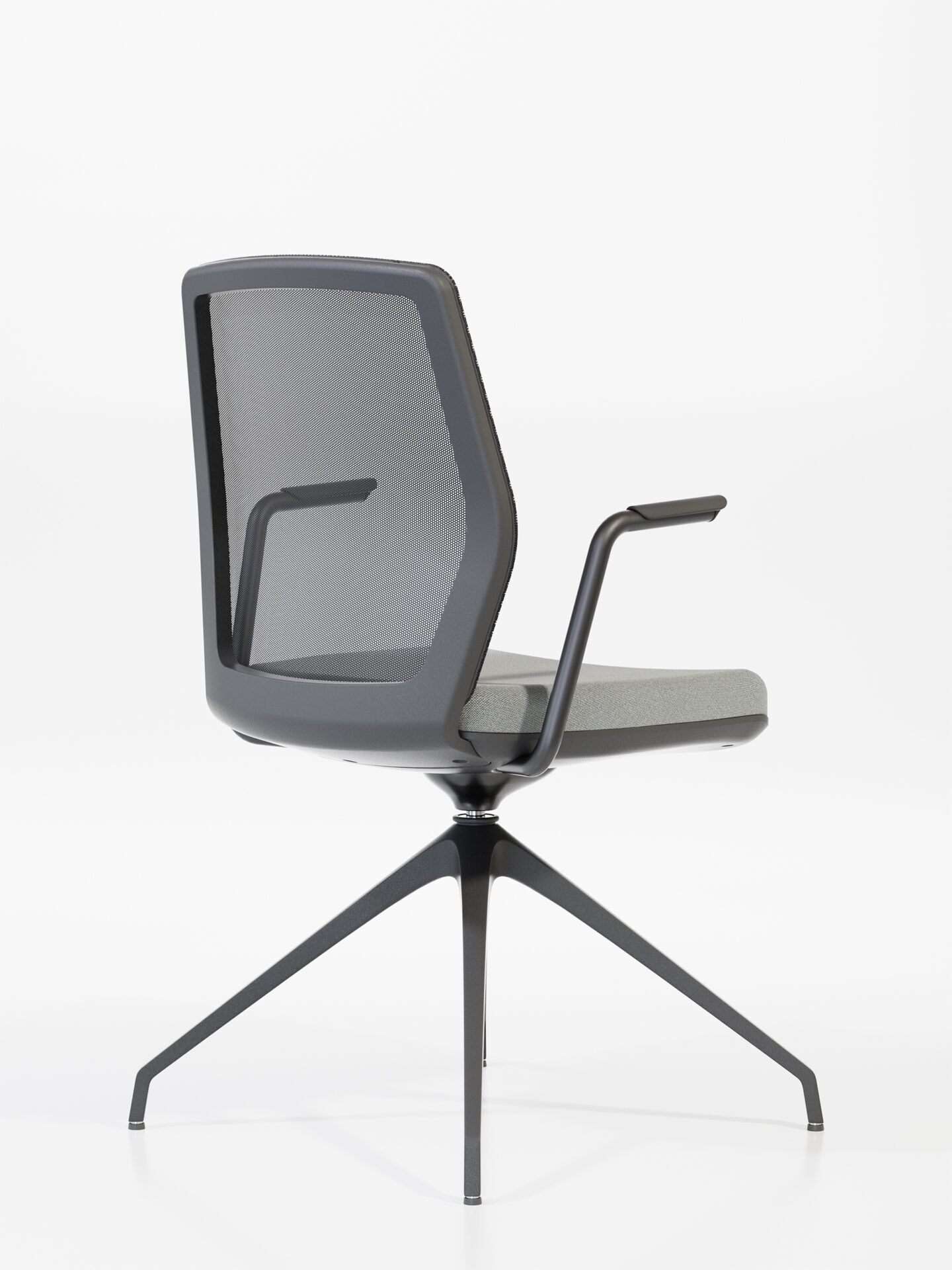 Krzesło biurowe z szarym siedziskiem, siatką na oparciu i czarną nogą START po skosie od tyłu B-Group