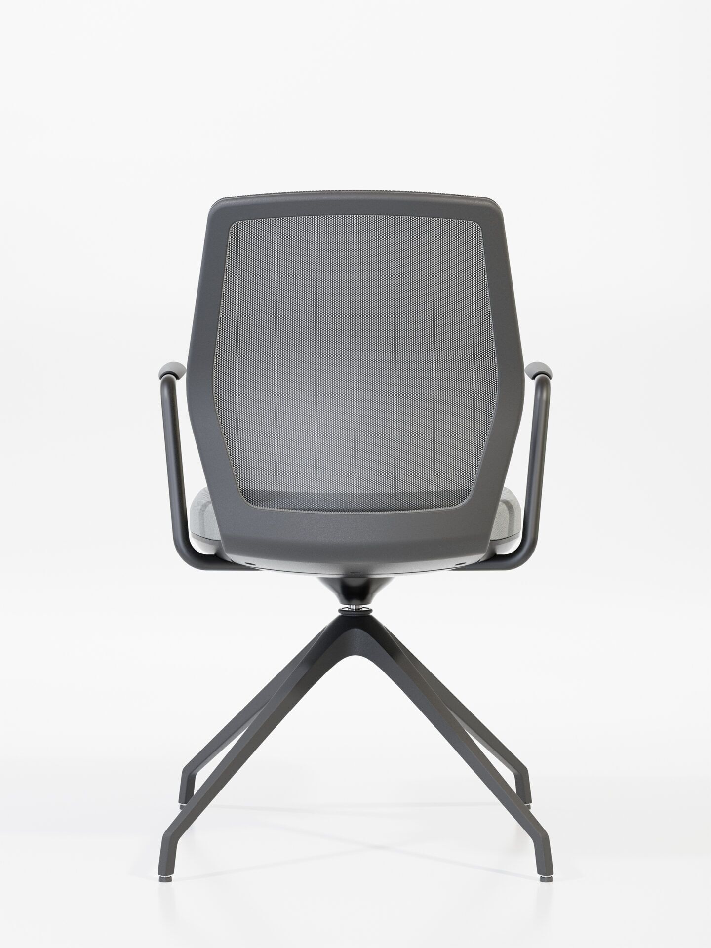 Krzesło biurowe z szarym siedziskiem, siatką na oparciu i czarną nogą START od tyłu B-Group
