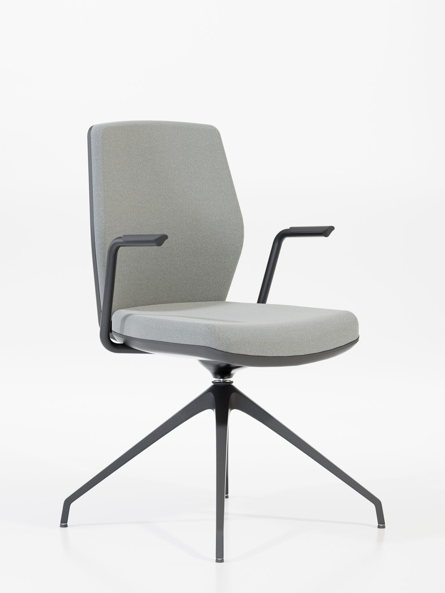 Krzesło biurowe z szarym obiciem, podłokietnikami i czarną nogą START od przodu B-Group