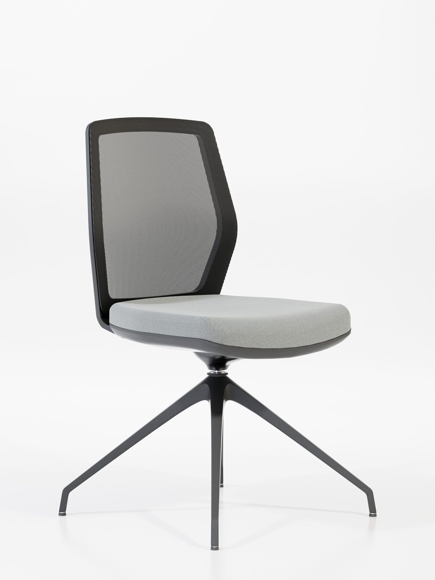 Krzesło biurowe z szarym siedziskiem, oparciem z siatką i czarną nogą START po skosie od przodu B-Group