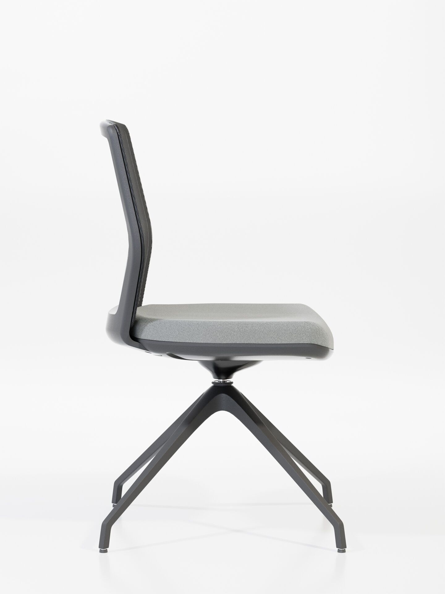 Krzesło biurowe z szarym siedziskiem, oparciem z siatką i czarną nogą START od boku B-Group