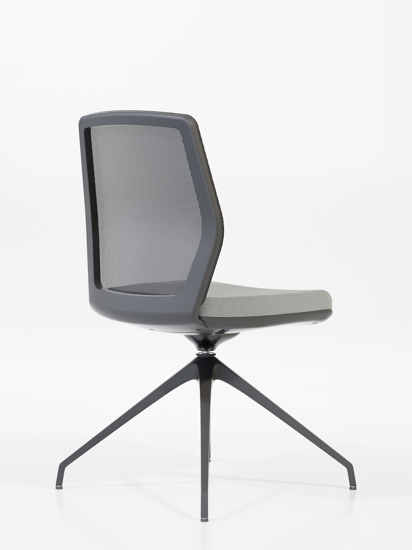 Krzesło biurowe z szarym siedziskiem, oparciem z siatką i czarną nogą START po skosie od tyłu B-Group