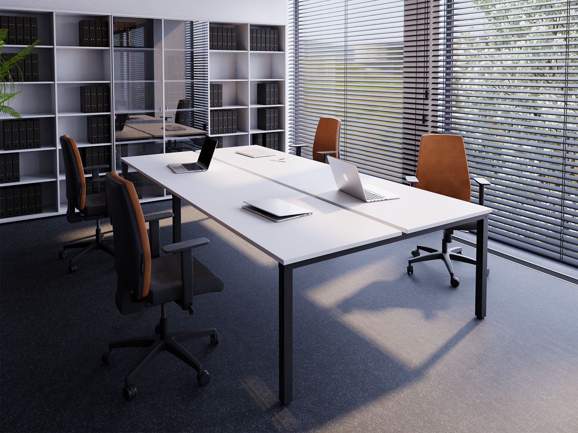 Sala konferencyjna z fotelami biurowymi Quatro, szarą podłogą i białym stołem scena 1