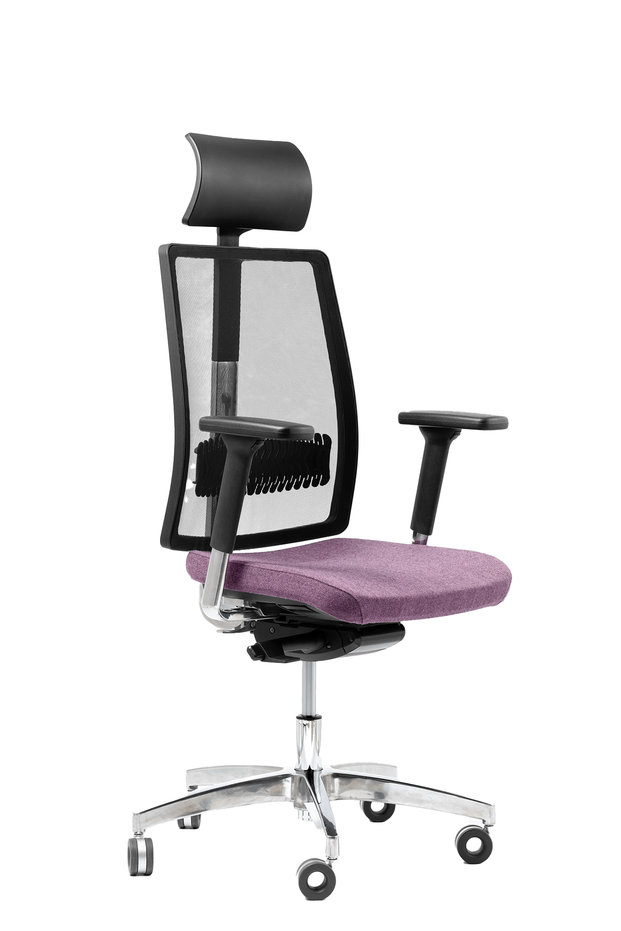 Czarny fotel biurowy z fioletowym siedzeniem z zagłówkiem - widoczny po skosie od przodu