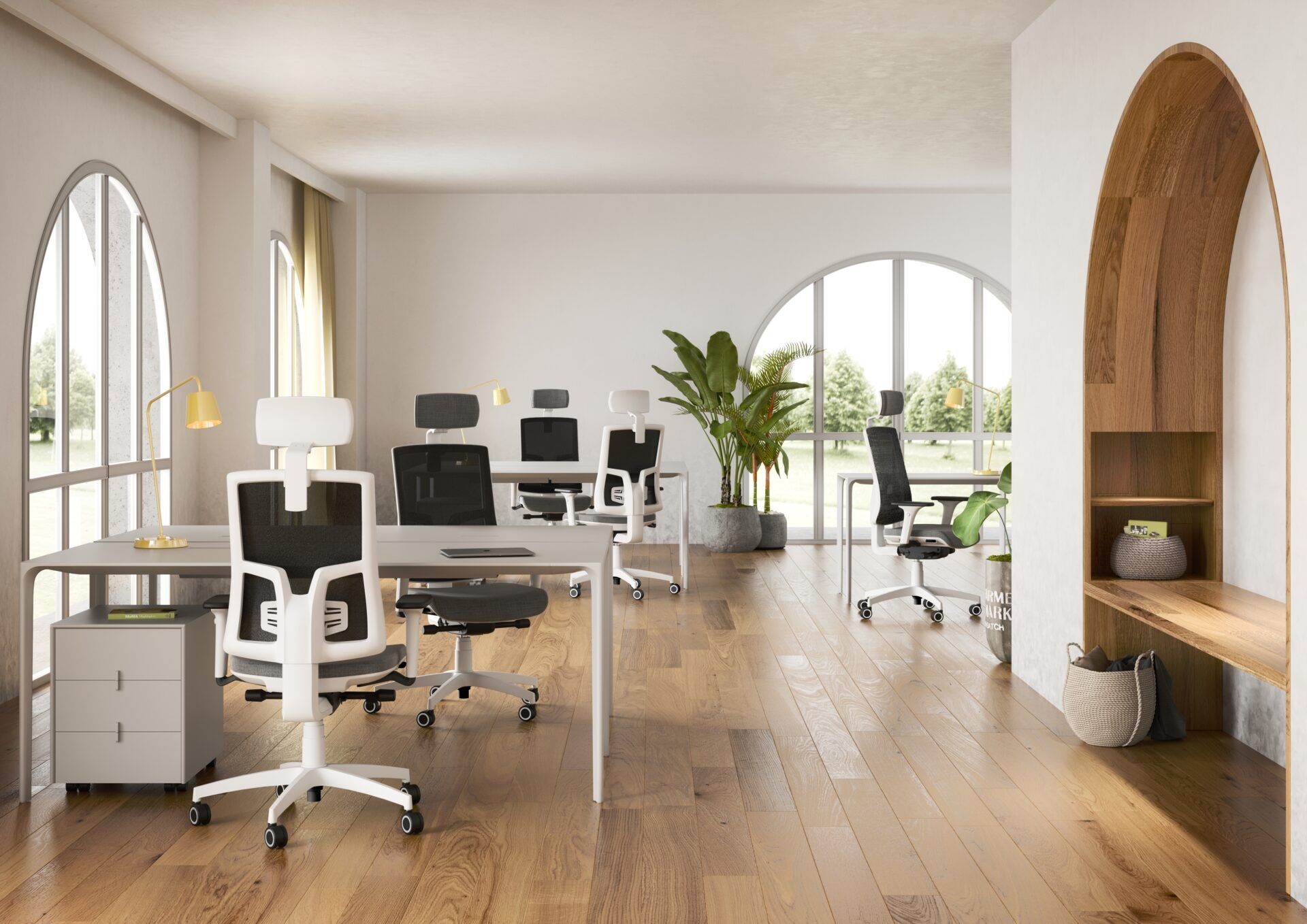 Biuro z drewnianą podłogą w którym stoją białe fotele biurowe Skill przy białych biurkach scena 1
