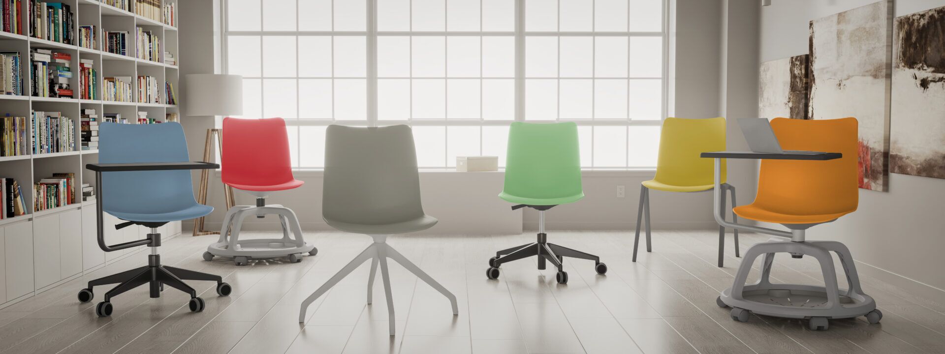 Pomieszczenie w którym stoją krzesła i fotele coworker wizualizacja 1 B-Goup