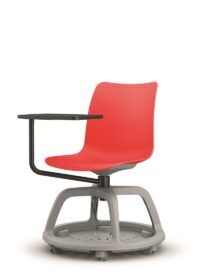 Czerwony fotel biurowy z szarymi kółkami i podkładką po skosie od przodu coworker B-Group