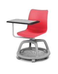 Czerwony fotel biurowy z szarymi kółkami i podkładką po skosie od przodu coworker B-Group