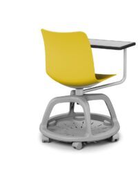 Żółty fotel biurowy z szarymi kółkami i podkładką po skosie od tyłu coworker B-Group