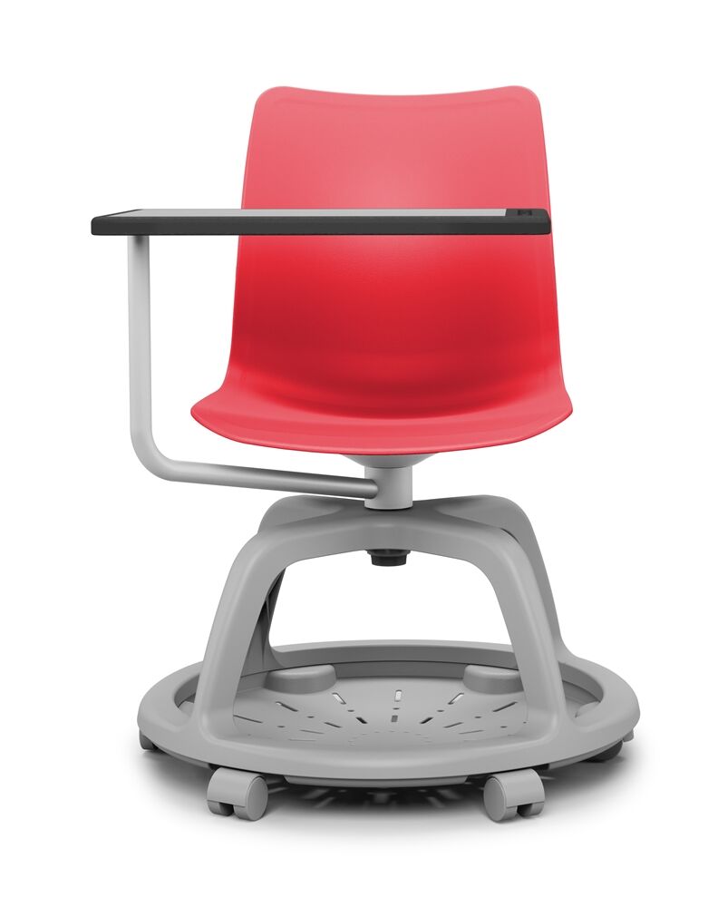 Czerwony fotel biurowy z szarymi kółkami i podkładką od przodu coworker B-Group