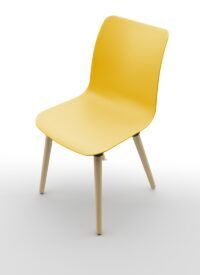 Żółte krzesło biurowe coworker z drewnianymi nogami po skosie od przodu B-Group