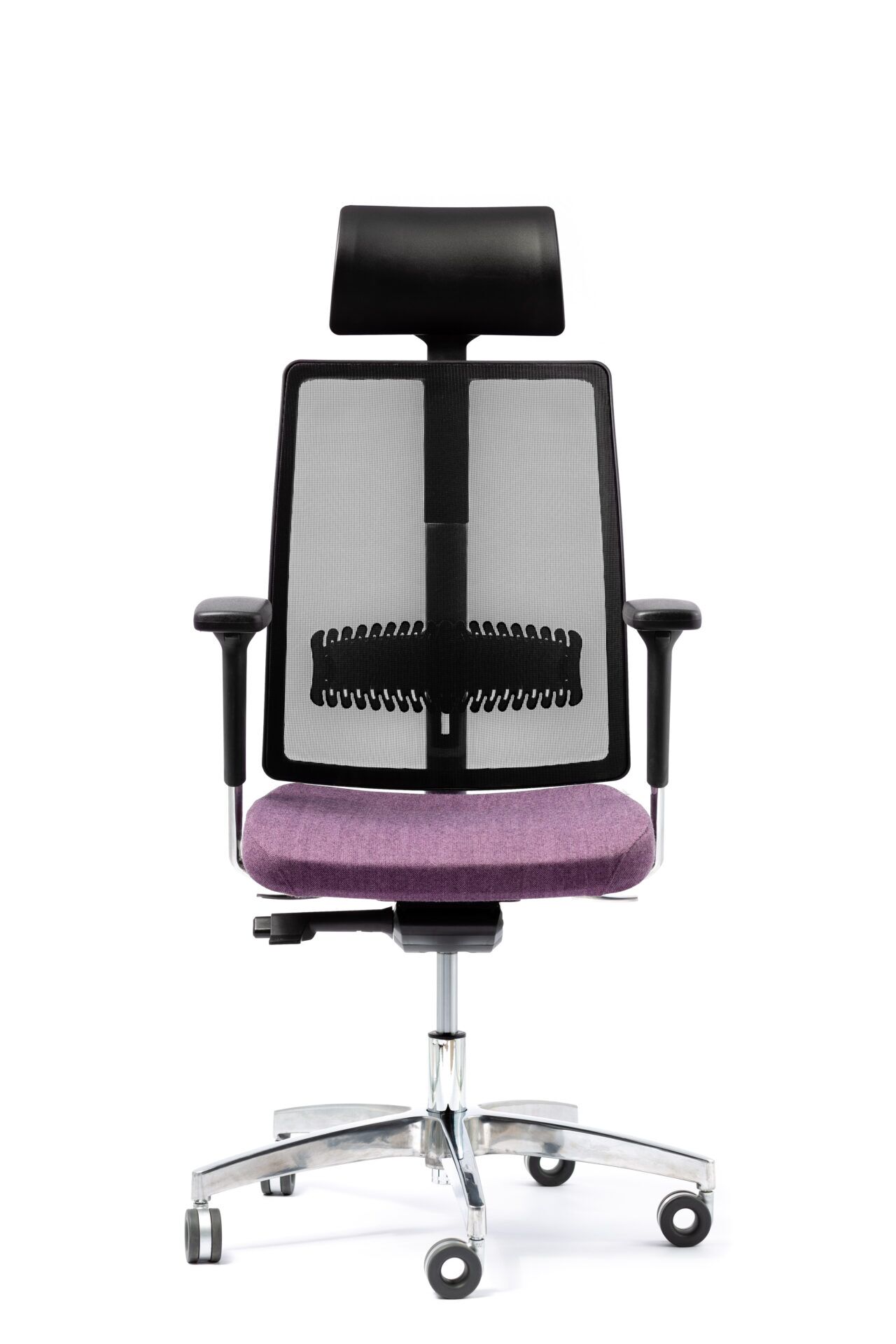 Czarny fotel biurowy z fioletowym siedziskiem - od przodu zdjęcie 1