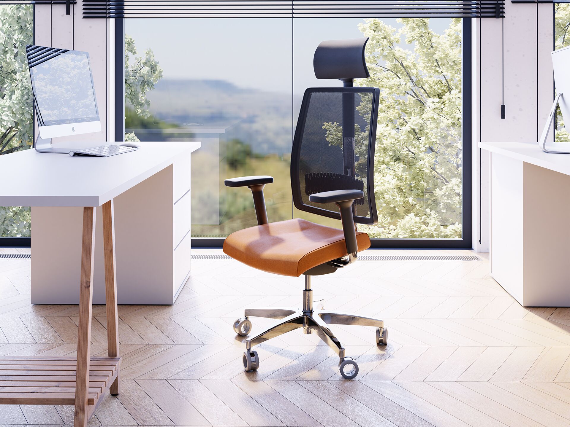 Fotel biurowy z pomarańczowym siedziskiem stojące przy białym biurku