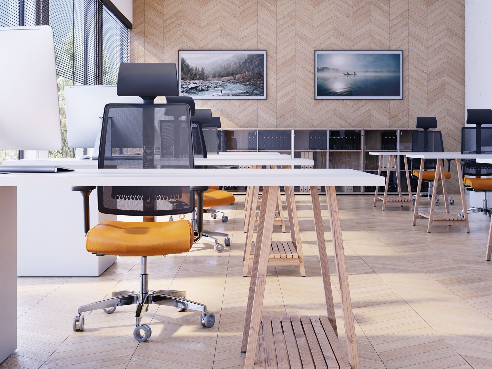 Pomieszczenie biurowe z fotelami biurowymi z pomarańczowymi siedzeniami stojącymi przy białych stołach od przodu