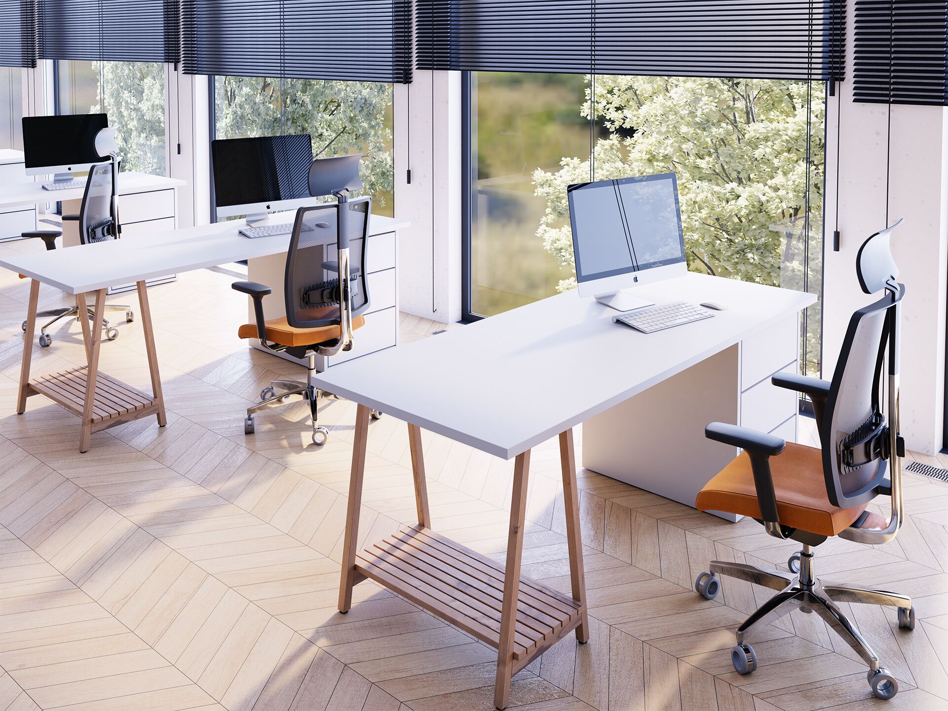 Pomieszczenie biurowe z fotelami biurowymi z pomarańczowymi siedzeniami stojącymi przy białych stołach od tyłu