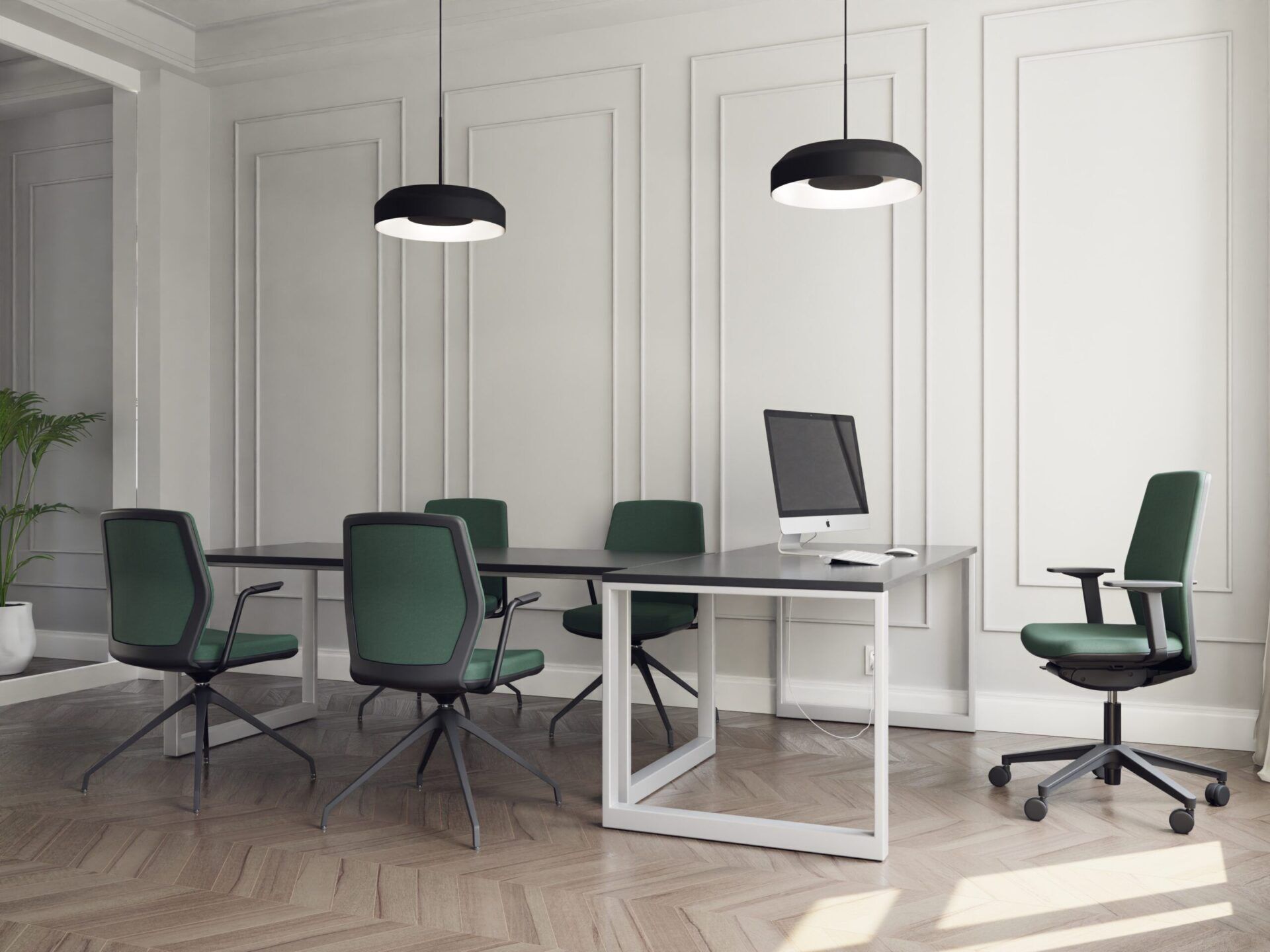Jasne pomieszczenie biurowe z zielonymi krzesłami biurowymi scena 6