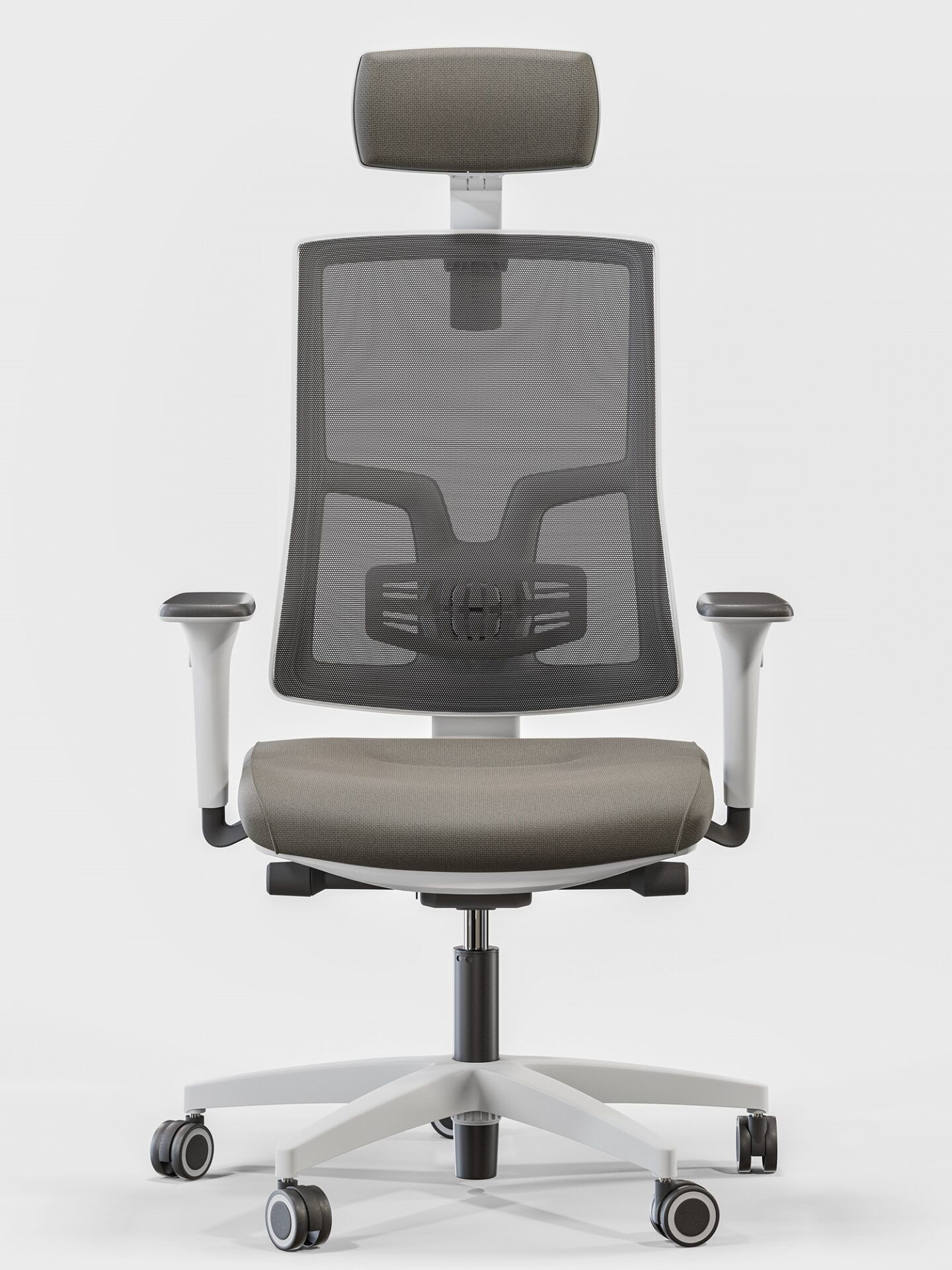 Biały fotel biurowy z brązowym obiciem z zagłówkiem - od przodu