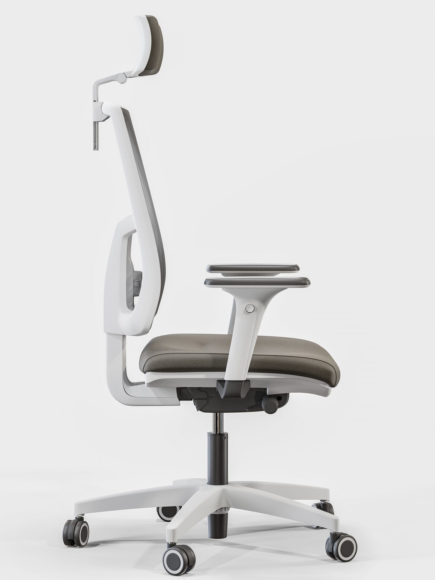 Biały fotel biurowy z brązowym obiciem z zagłówkiem - od boku