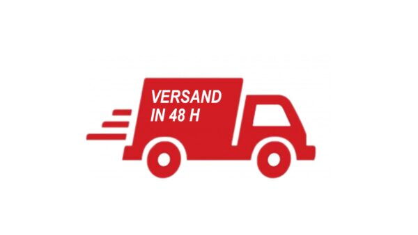 Symbol mit rotem Transporter als Hinweis auf den Versand innerhalb von 48 Stunden