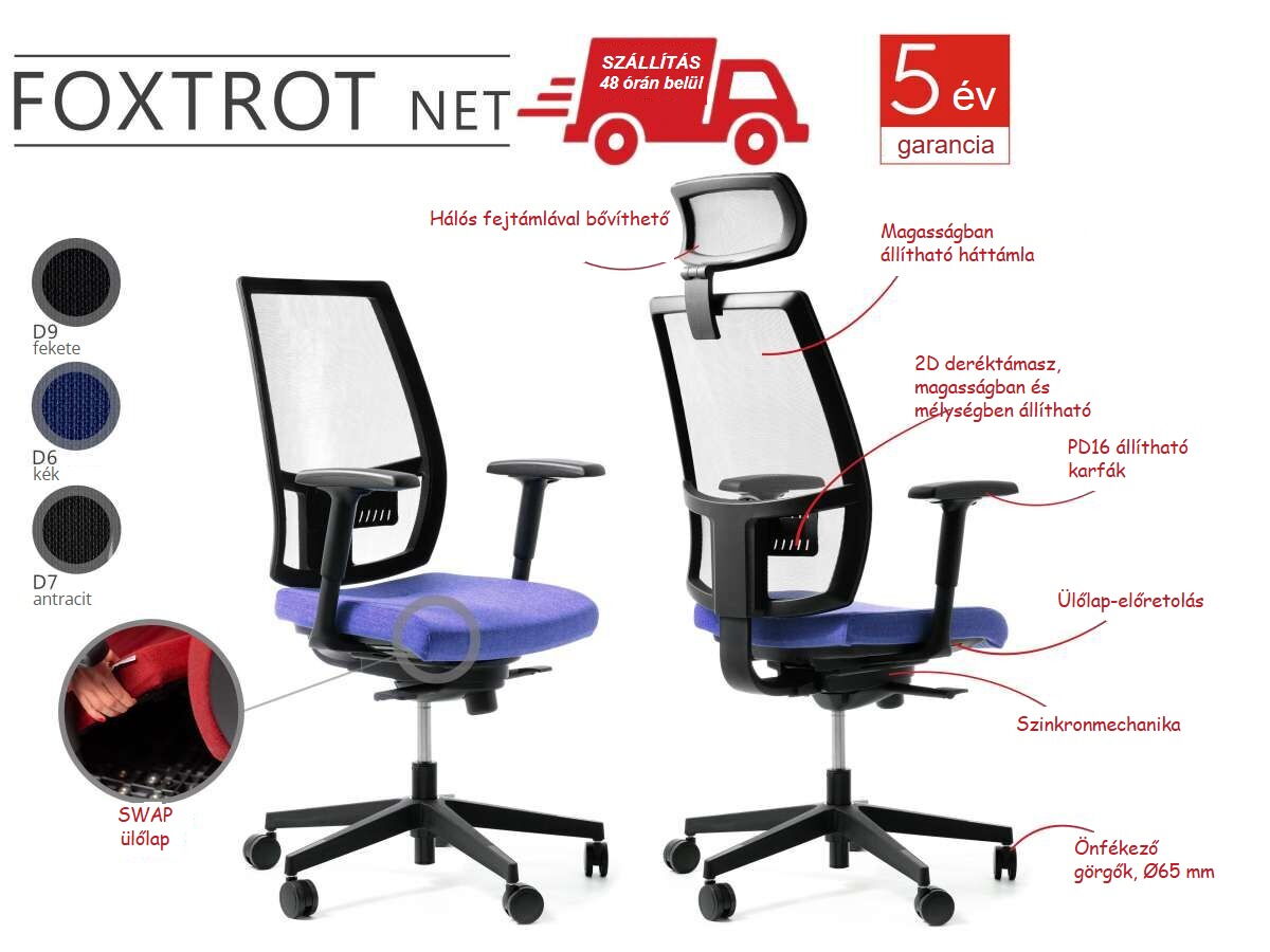 A Foxtrot Net irodai forgószék reklámbannere, amely bemutatja a termék jellemzőit és különböző színváltozatait